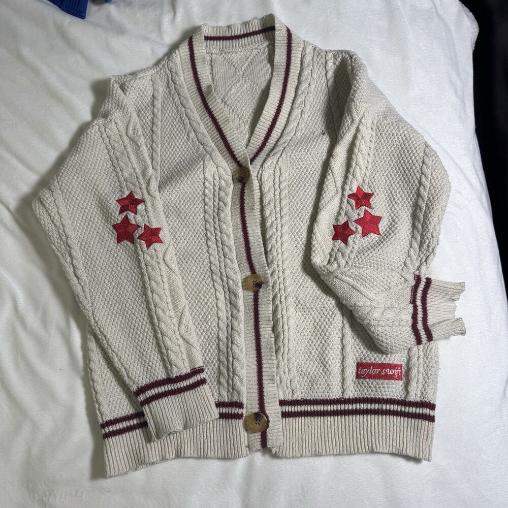 Taylor Swift Red Star Cable Cardigan Burgundy Stripe Cream Size Medium As Is